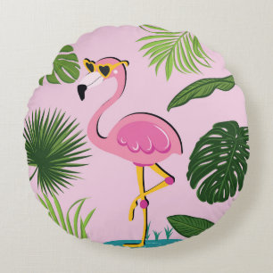 Flamingo Palm Leaves Tropical Design Round Pillow