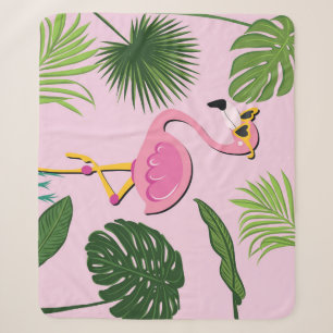Flamingo Palm Leaves Tropical Design Sherpa Blanket