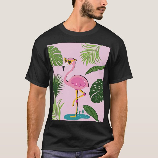 Flamingo Palm Leaves Tropical Design T-Shirt (Front)