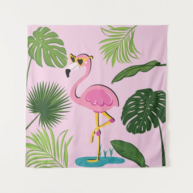 Flamingo Palm Leaves Tropical Design Tapestry (Front)