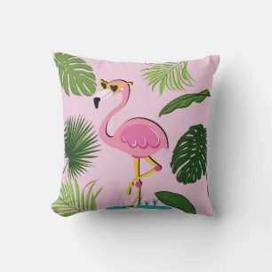 Flamingo Palm Leaves Tropical Design Throw Pillow