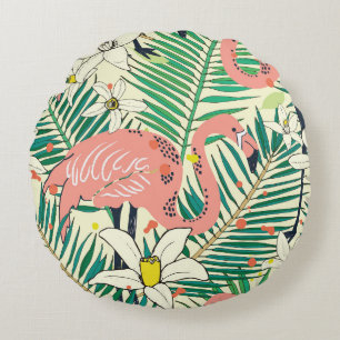Flamingo Palm Leaves: Tropical Vintage Round Pillow