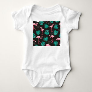 Flamingo, palm leaves: tropical watercolor. baby bodysuit