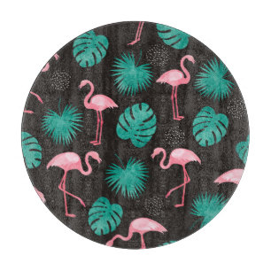 Flamingo, palm leaves: tropical watercolor. cutting board