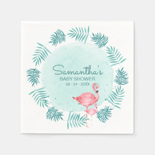 Flamingo & Palm Leaves Wreath Teal Baby Shower Napkin