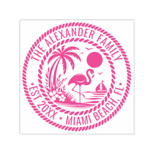 Flamingo Palm Tree Boat Family Name Date Est Loc Self-inking Stamp