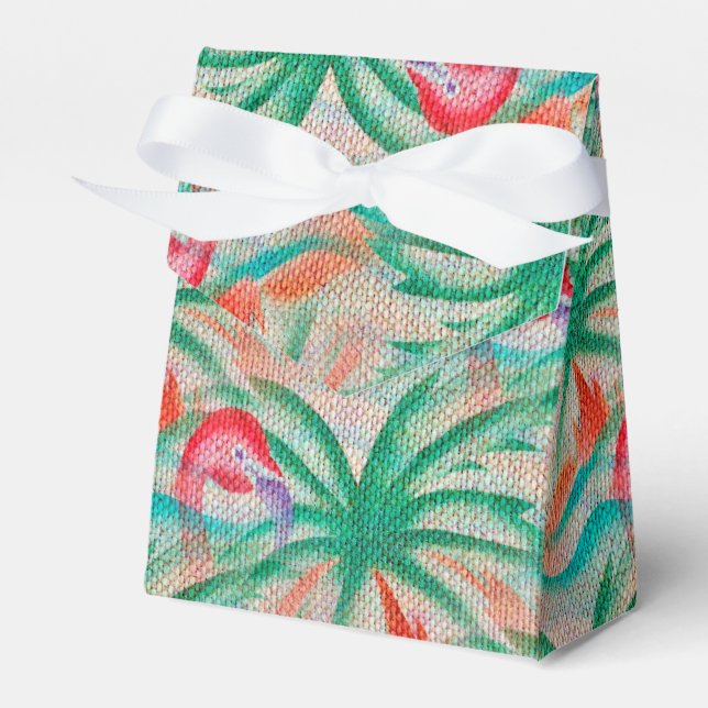 Flamingo Palm Tree Burlap Look Favor Box (Front Side)
