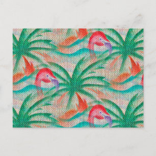 Flamingo Palm Tree Burlap Look Postcard