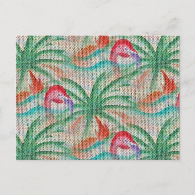 Flamingo Palm Tree Burlap Look Postcard (Front)