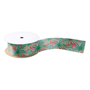Flamingo Palm Tree Burlap Look Satin Ribbon