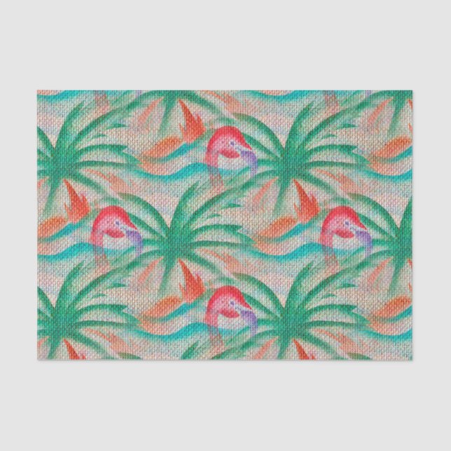 Flamingo Palm Tree Burlap Look Tissue Paper (Front)