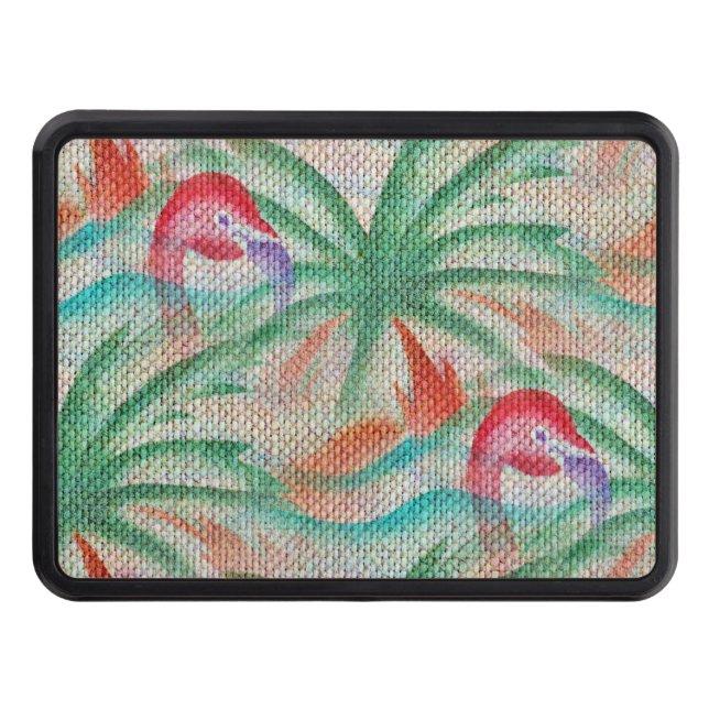 Flamingo Palm Tree Burlap Look Trailer Hitch Cover (Front)