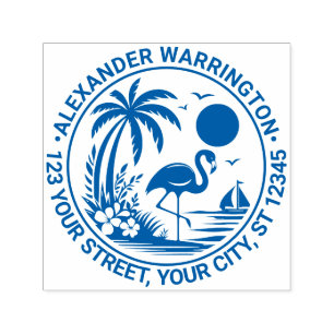Flamingo Palm Tree Sailboat Name Return Address Self-inking Stamp