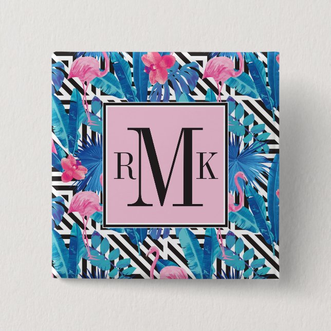 Flamingo & Palms on Geometric Pattern 2 Inch Square Button (Front)