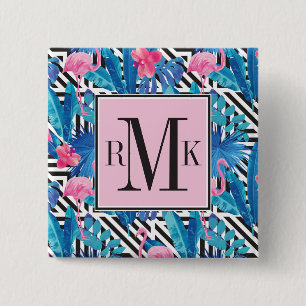 Flamingo & Palms on Geometric Pattern 2 Inch Square Button