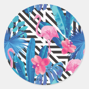 Flamingo & Palms on Geometric Pattern Classic Round Sticker
