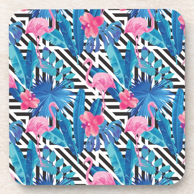 Flamingo & Palms on Geometric Pattern Coaster (Front)