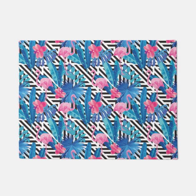 Flamingo & Palms on Geometric Pattern Doormat (Front)