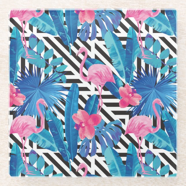 Flamingo & Palms on Geometric Pattern Glass Coaster (Front)