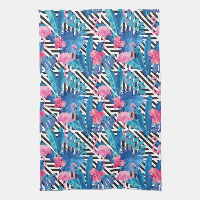 Flamingo & Palms on Geometric Pattern Kitchen Towel (Vertical)