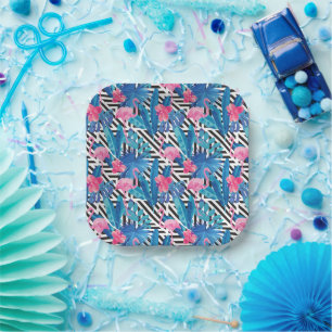 Flamingo & Palms on Geometric Pattern Paper Plate