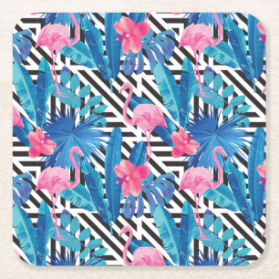 Flamingo & Palms on Geometric Pattern Square Paper Coaster