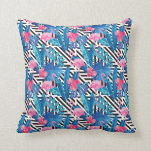 Flamingo & Palms on Geometric Pattern Throw Pillow