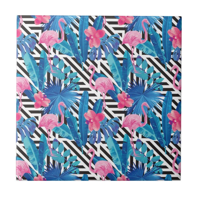 Flamingo & Palms on Geometric Pattern Tile (Front)