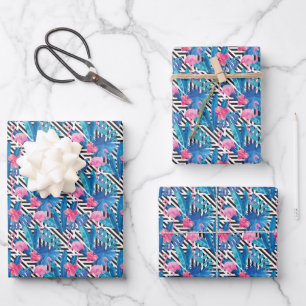 Flamingo & Palms on Geometric Pattern Wrapping Paper Sheet