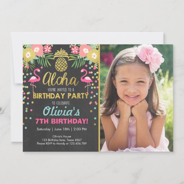 Flamingo party invitation Tropical Birthday luau (Front)