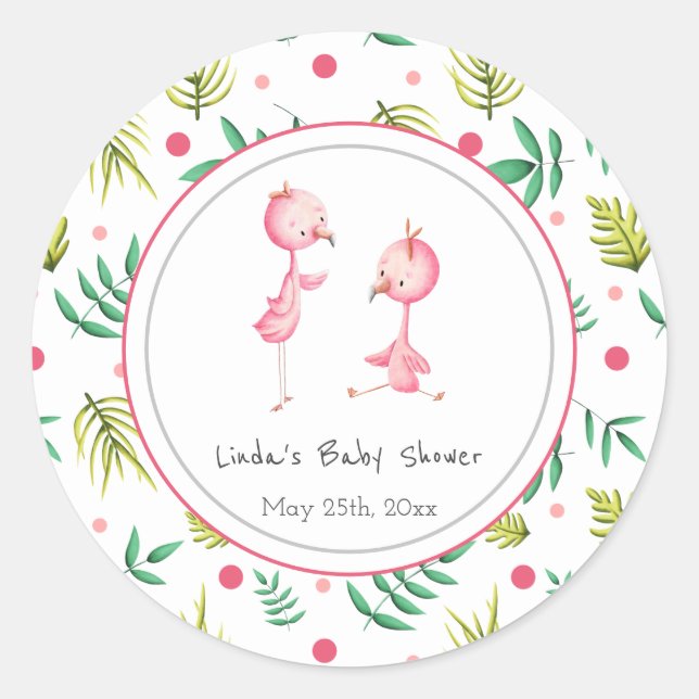 Flamingo Party Personalized Twins Baby Shower Classic Round Sticker (Front)