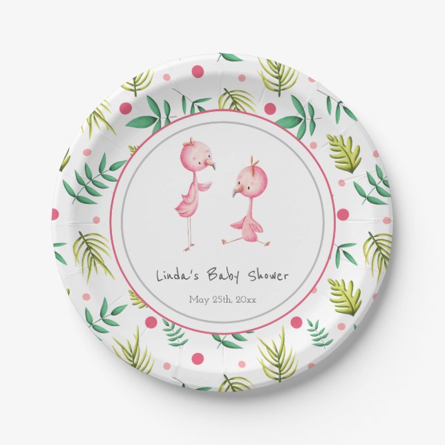 Flamingo Party Personalized Twins Baby Shower Paper Plate (Front)
