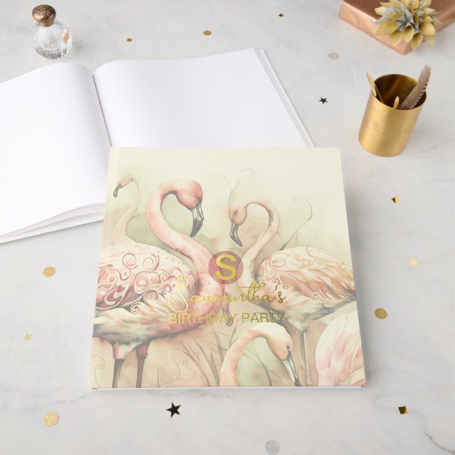 Flamingo Party Theme, Custom Guest Book (Front Open)