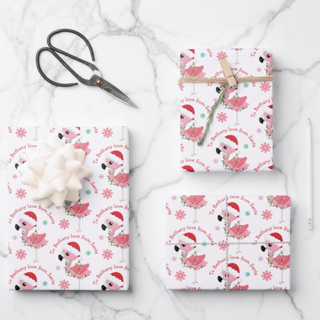 Flamingo Pattern Child Name Love Santa Christmas Wrapping Paper Sheet (Front)