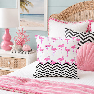 Flamingo Pattern with Chevron Stripes Throw Pillow