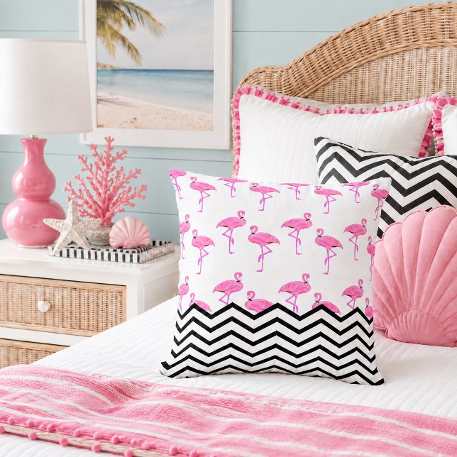 Flamingo Pattern with Chevron Stripes Throw Pillow (Pink flamingos and black white zigzag chevron stripes pattern throw pillow in feminine girls room)