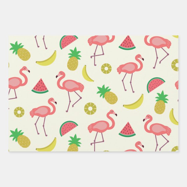 Flamingo Pattern with Watermelon and Pineapples  Wrapping Paper Sheet (Front)