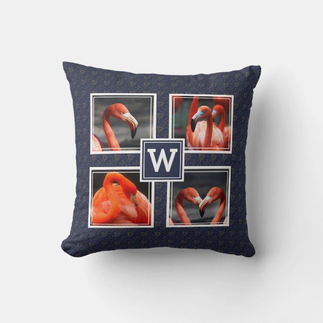 FLAMINGO Photo Collage Monogram Blue Throw Pillow (Front)