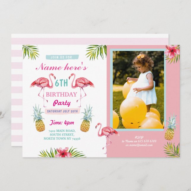 Flamingo Photo Pineapple Tropical Aloha Birthday Invitation (Front/Back)
