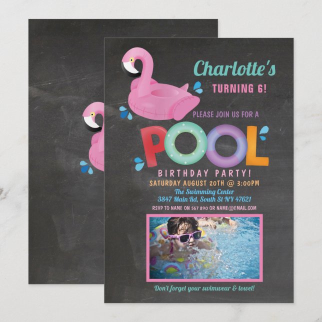 Flamingo Photo Pool Party Birthday Beach Float Invitation (Front/Back)