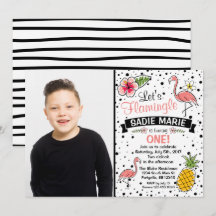 Flamingo Pinapple Doodle Birthday Photo Invitation