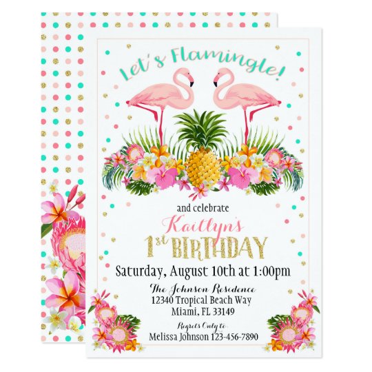 Flamingo Pineapple and Tropical Floral Birthday Card