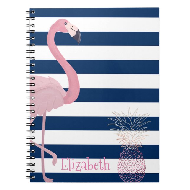 Flamingo,Pineapple Navy Blue Stripes-Personalized Notebook (Front)