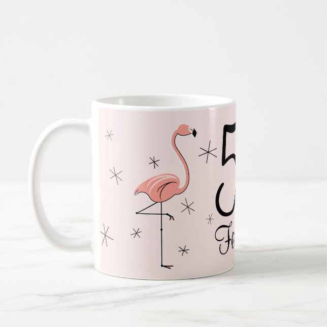 Flamingo Pink '50 and Fabulous!' mug (Left)