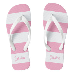 Flamingo Pink and White Stripe Personalized Flip Flops