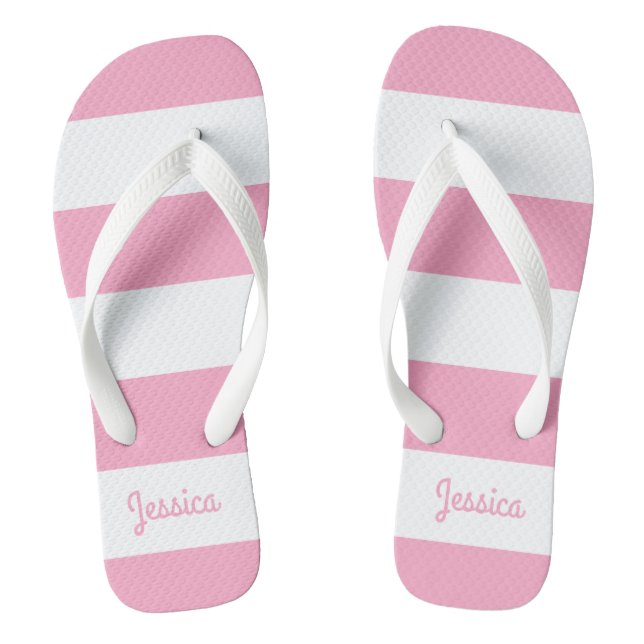 Flamingo Pink and White Stripe Personalized Flip Flops (Footbed)
