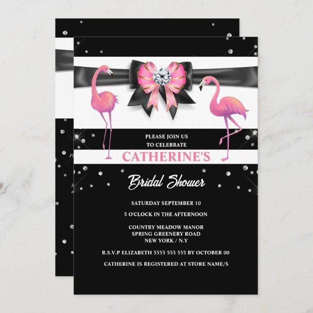 Flamingo pink black bridal shower glitter glam  invitation (Front/Back)