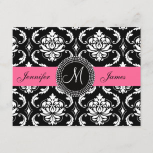Flamingo Pink Black Damask Monogram Save the Date