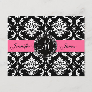 Flamingo Pink Black Damask Monogram Save the Date