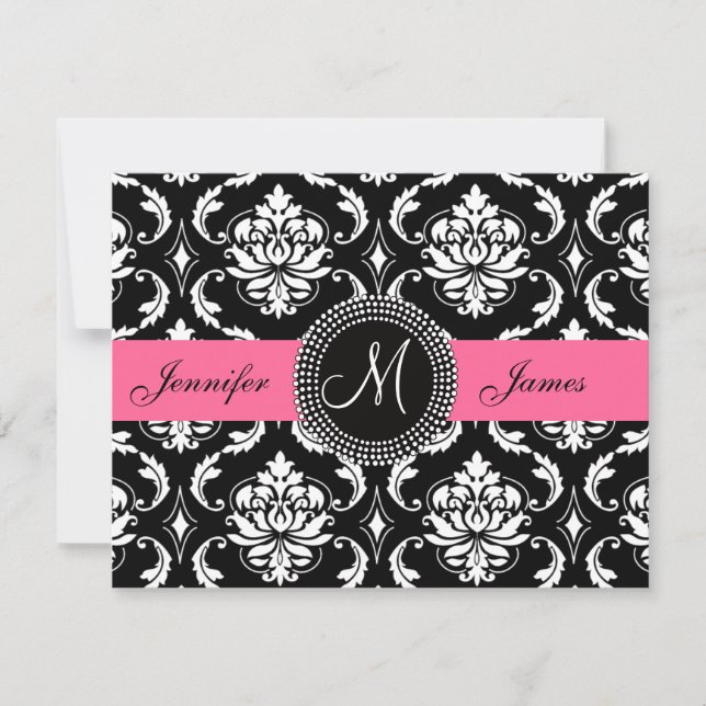 Flamingo Pink Black Damask Monogram Save the Date (Front)